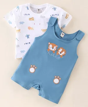 ToffyHouse Cotton Knit Lion Patched Dungaree with Half Sleeves T-Shirt Lion Print -Blue