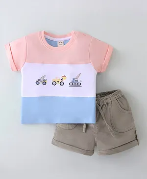 ToffyHouse Half Sleeves T-Shirt & Shorts With JCB Print - Pink White & Blue