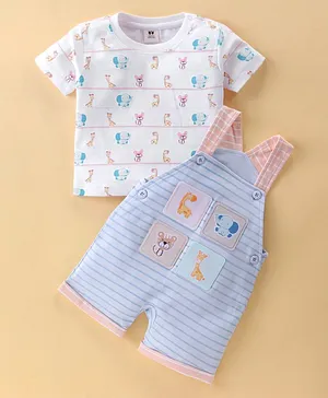 ToffyHouse Dungarees & Half Sleeves T-Shirt Set With Animals Print & Patches - Sky Blue