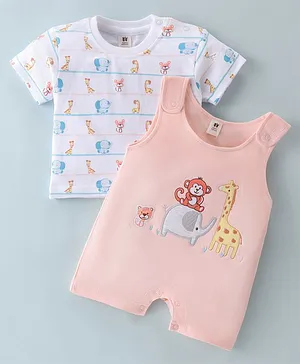 ToffyHouse Cotton Knit Giraffe Embroidered Dungaree Style Romper and Half Sleeves T-Shirt Set - Peach