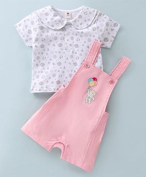 ToffyHouse Dungarees & Half Sleeves T-Shirt Set With Space Theme Print - White & Pink