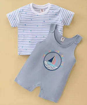 ToffyHouse Cotton Knit Dungaree Style Romper with Half Sleeves T-Shirt Striped & Boat Print- Light Airforce Blue