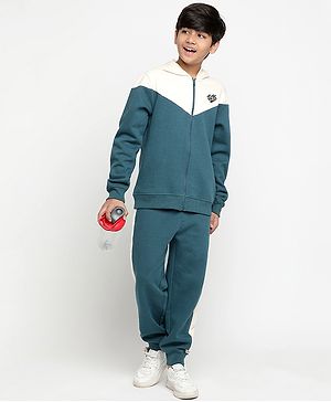 Lil Tomatoes Full Sleeves Placement Text Printed & Colour Block Detailed Heavy Weight Cotton Fleece Track Suit - Teal Blue