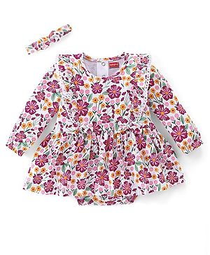 Babyhug 100% Cotton Knit Full Sleeves Floral Printed Frock Style Onesie with Hairband - Multicolour