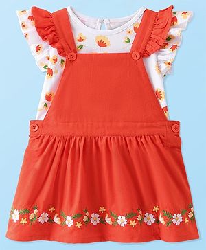 Babyhug Cotton Woven Corduroy Frock with Knit & Frill Sleeves Inner Tee  Floral Print & Embroidery -Orange & White