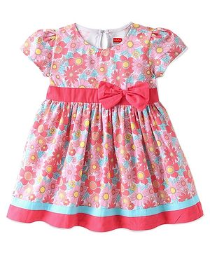 Babyhug Poplin Half Sleeves Frock with Bow Applique Floral Print White & Red
