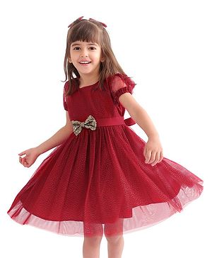 Babyhug Half Sleeves Party Frock with Glitter Detailing & Bow Applique - Red