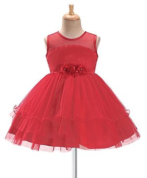 Babyhug Sleeveless Party Wear Frilled Dress With Floral Applique - Red