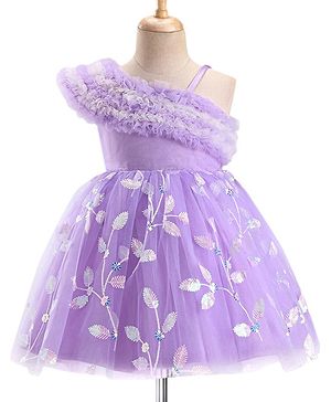 Babyhug One Shoulder Sleeves Party Dress With Leafs Embroidery & Sequin Detailing - Lavender