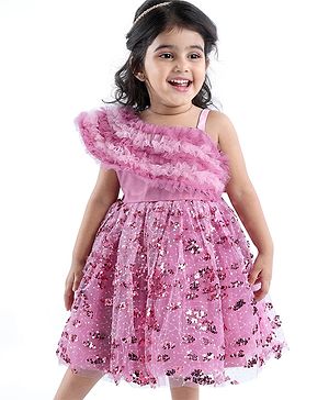 Babyhug Woven Sleeveless Party Wear Frock with Frill Design & Sequin Detailing - Pink