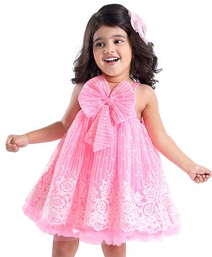 Babyhug Sleeveless Party Frock with Bow Applique - Pink