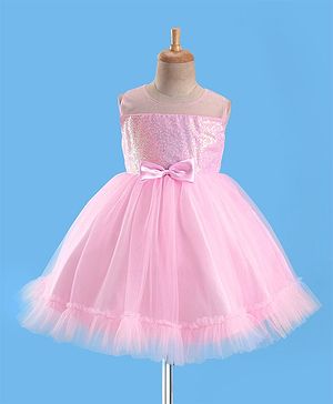 Babyhug Woven Sleeveless Sequinned Party Wear Dress with Bow Applique - Pink