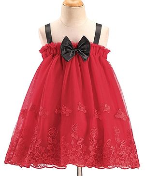 Babyhug Sleeveless Party Wear Dress With Floral Embroidery & Bow Applique - Red