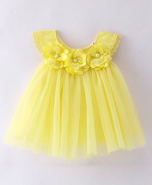 Babyhug Woven  Sleeveless Solid Colour Party Wear Dress with Floral Corsage - Yellow