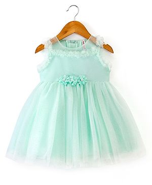 Babyhug Sleeveless Frock With Floral Applique - Green
