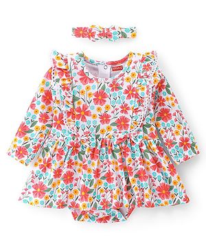 Babyhug 100% Cotton Knit Full Sleeves Frock Style Onesie with Headband Floral Print - Multicolour