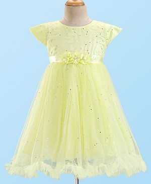 Babyhug Cap Sleeves Party Wear Fit and Flare Dress with Floral Applique- Yellow