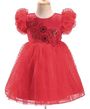 Babyhug Half Puffed Sleeves Sequins & Embroidery Detailing Fit & Flare Party Frock - Red