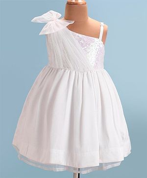 Babyhug Woven One Shoulder Sleeves Party Frock with Bow & Sequin Detailing  - White