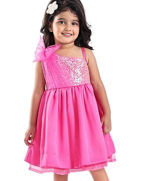 Babyhug Woven One Shoulder Sleeves Sequined Fit & Flared Party Frock with Floral Applique - Dark Pink