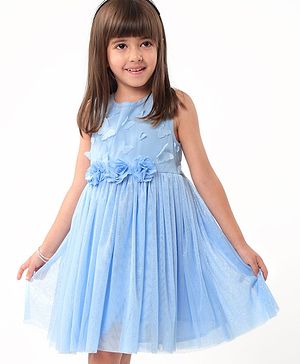 Babyhug Sleeveless Shimmered Party Frock with 3D Butterfly & Floral Applique - Blue