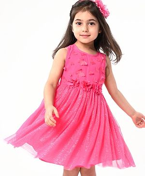 Babyhug Sleeveless  Solid Dress With Flower Applique - Fuschia