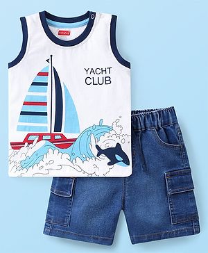 Babyhug Single Jersey Knit Sleeveless  T-Shirt & Denim Shorts with Boat Print - Blue & White