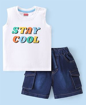 Babyhug Cotton Knit Sleeveless T-Shirt & Denim Shorts With Text Print - White & Blue