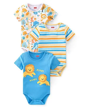 Babyhug 100% Cotton Knit Half Sleeves Onesies With Animals Print & Striped Pack Of 3 - Blue & White