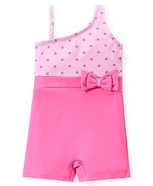 Babyhug One Shoulder Sleeveless Polka Dots Printed Legged Swimsuit with Bow Applique - Pink