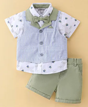 ToffyHouse Cotton Half Sleeves Shirt & Shorts Set with Bow Tie & Waistcoat Stripes & Hats Print - Green & White
