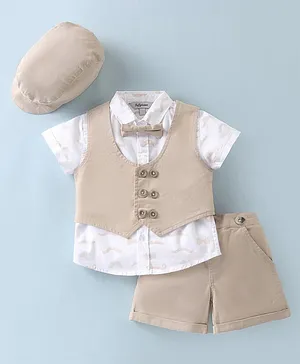 ToffyHouse Cotton Party Wear Half Sleeves Printed Shirt & Shorts Set with Waistcoat Cap & Bow  - Beige