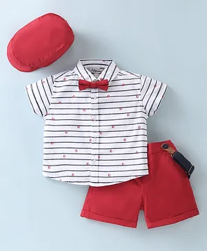 ToffyHouse Cotton Party Wear Half Sleeves Shirt & Shorts Set with Cap Bow & Suspender  - Red