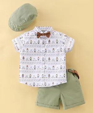 ToffyHouse Cotton Party Wear Half Sleeves Shirt Bear Printed & Shorts Set with Cap Bow & Suspender  - Green