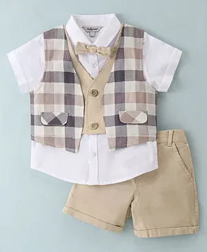ToffyHouse Party Suit Half Sleeves Shirt & Shorts Set With Checked Waistcoat & Bow - Brown