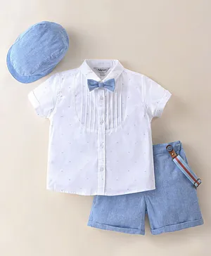 ToffyHouse Woven Half Sleeves Shirt & Shorts Set With Suspender & Bow Dots Print - White & Blue