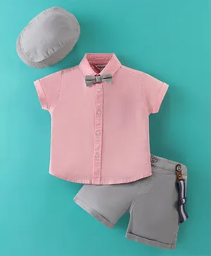 ToffyHouse Woven Half Sleeves Shirt & Shorts Set With Suspender & Bow Solid Colour - Pink & Grey