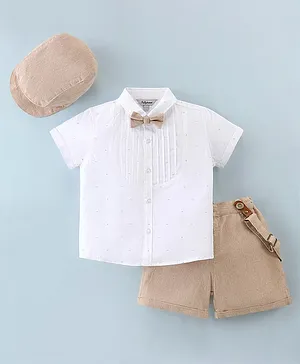 ToffyHouse Cotton Woven Party Wear Half Sleeves Solid  Shirt & Shorts Set with Cap Bow & Suspender - Khaki & White