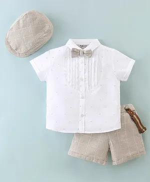 ToffyHouse Cotton Woven Party Wear Half Sleeves Solid Shirt & Checked Shorts Set with Cap Bow & Suspender - Khaki & White