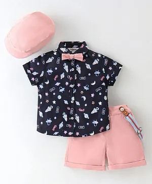 ToffyHouse Woven Half Sleeves Shirt & Shorts Set With Suspender & Bow Space Theme Print  - Pink & Navy Blue