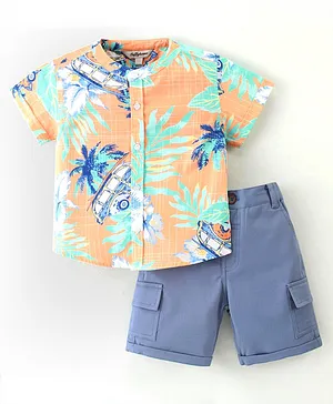 ToffyHouse Half Sleeves Shirt & Shorts With Tropical - Blue Orange & Pink