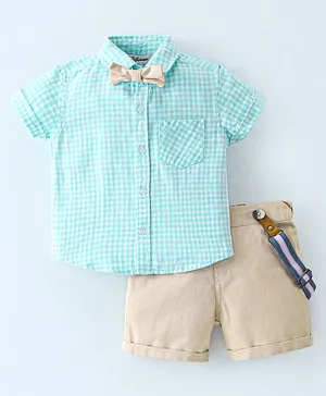 ToffyHouse Cotton Half Sleeves Checkered Shirt & Shorts Set with Bow & Suspender - Sea Green
