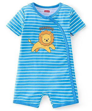 Babyhug 100% Cotton Knit Half Sleeves Romper With Striped & Lion Print - Blue