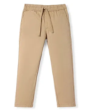 Pine Kids Cotton Elastane Woven Full Length Solid Colour Elasticated Waist Trousers - Khaki