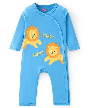 Babyhug 100% Cotton Knit Full Sleeves Romper With Lion Print - Blue