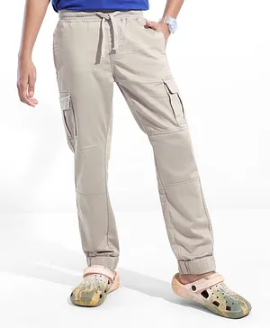 Pine Kids Cotton Elastane Full Length Solid Cargo Pant - Grey