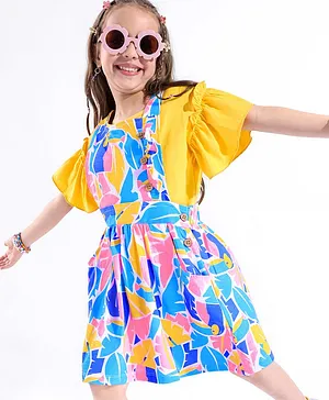 Ollington St. 100% Cotton Half Sleeves Text Print Top with Pinafore Floral Print  - Yellow & Multicolor