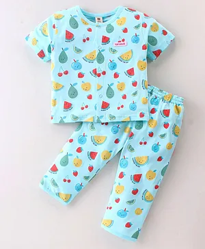 ToffyHouse Cotton Knit Half Sleeves Night Suit With Fruits Print - Blue