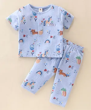 ToffyHouse Half Sleeves Night Suit With Animals Print - Blue & Melange