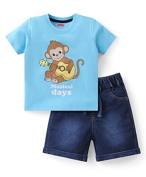 Babyhug Cotton Knit Half Sleeves T-Shirt & Denim  Shorts Set with Monkey Print - Blue